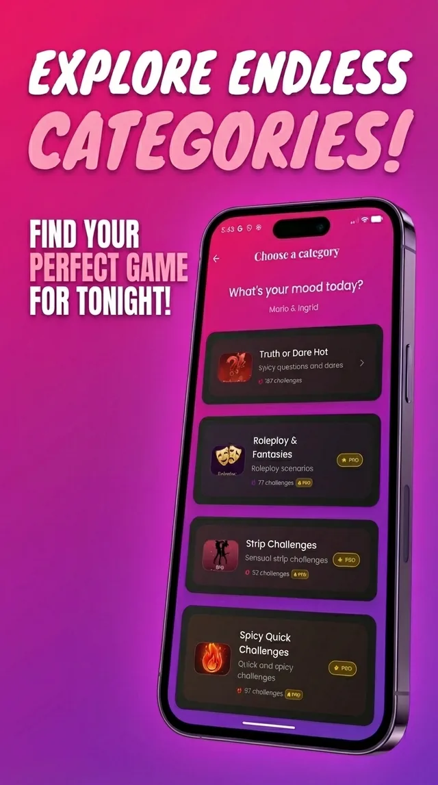 Categorías de Couples Game: verdad o reto, roleplay y retos picantes